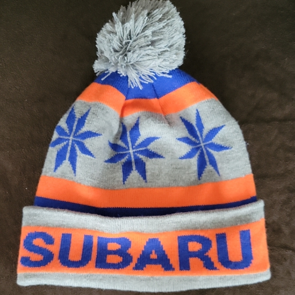 Subaru Blue and Orange Pom-Pom Beanie